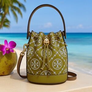 Tory Burch T Monogram Palm Green Contrast Embossed Mini Bucket Bag/Crossbody Bag